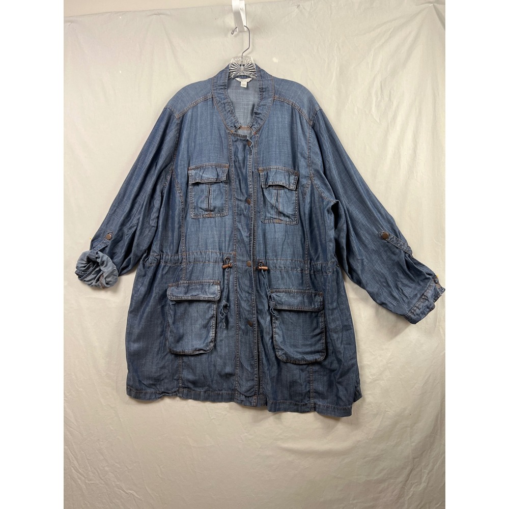 Cato Utility Jacket Womens 26/28W Blue Tencel Denim Drawstring Roll Tab Safari